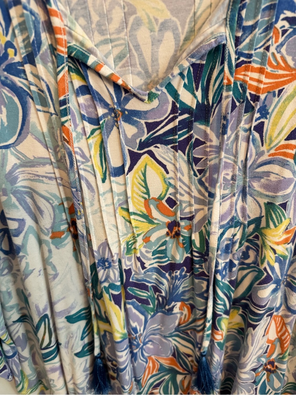 Belle by Kim Gravel Tunic Top Tropical Floral Blue Green Sz L Soft Stretch Knit